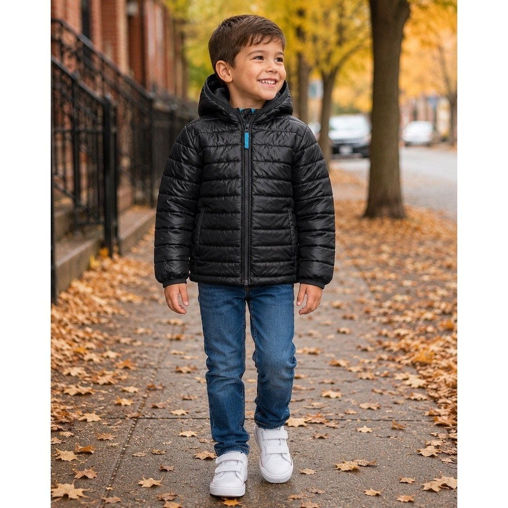 Primark Kids Black Hooded Puffer Jacket Lightweight Quilted Coat Size 4-5